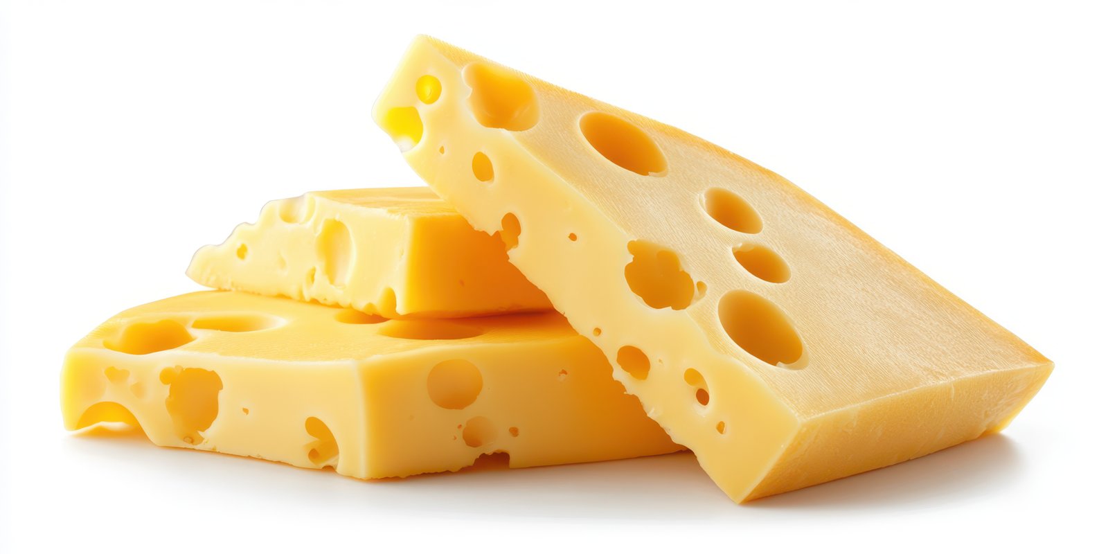 Blocks of yellow cheese stacked on a white background showcasing texture and design